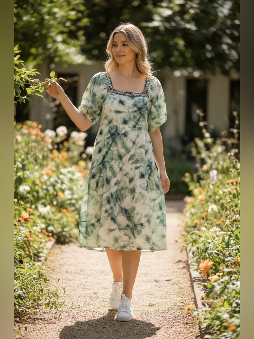 Johnny Was Green Tie-Dye Square Neck Puff Sleeve Dress size L